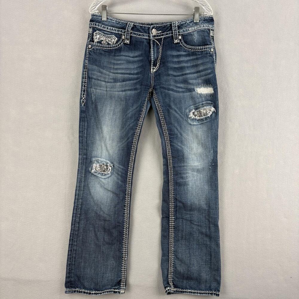 Rock Revival Alanis Boot Jeans Womens 33 Medium Wash Bootcut Distressed Sequin